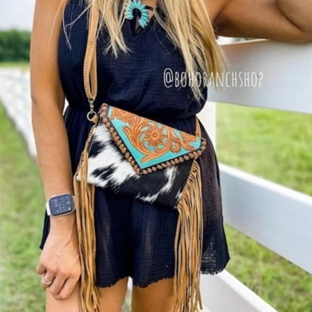 Cassie Western Tooled Leather Cowhide Fringe Crossbody Turquoise - Picture 5 of 5